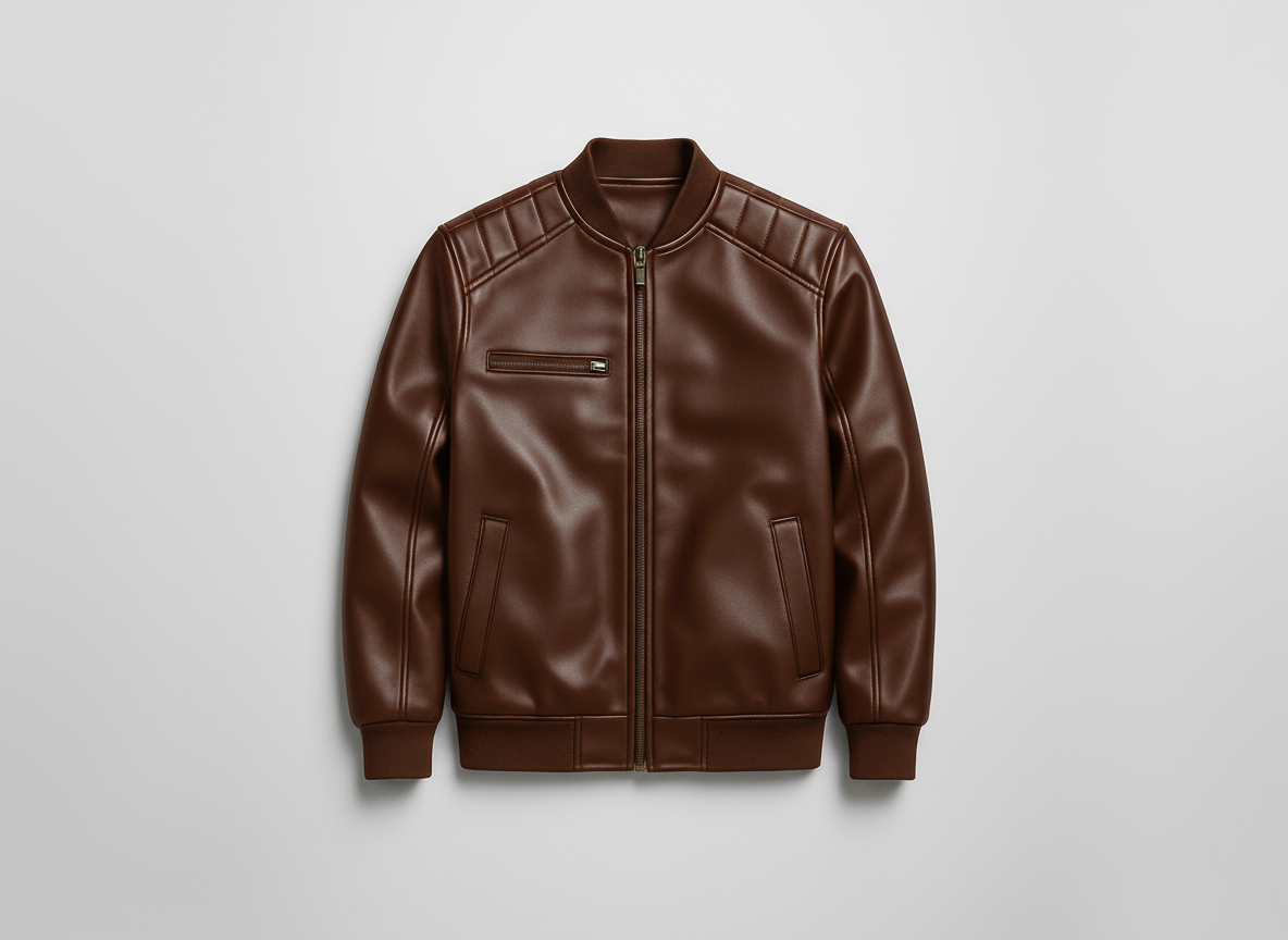 Brown rexine bomber jacket with moderate shine and detailed features