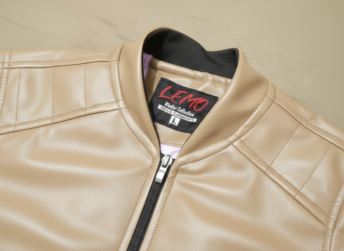 Collar and chest detail in beige leather