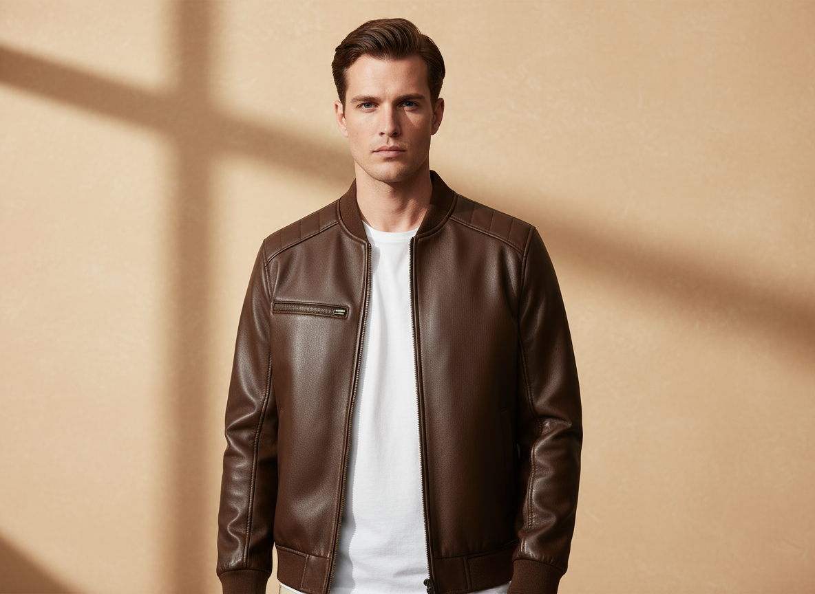 Fashion photo of male model wearing medium brown leather jacket