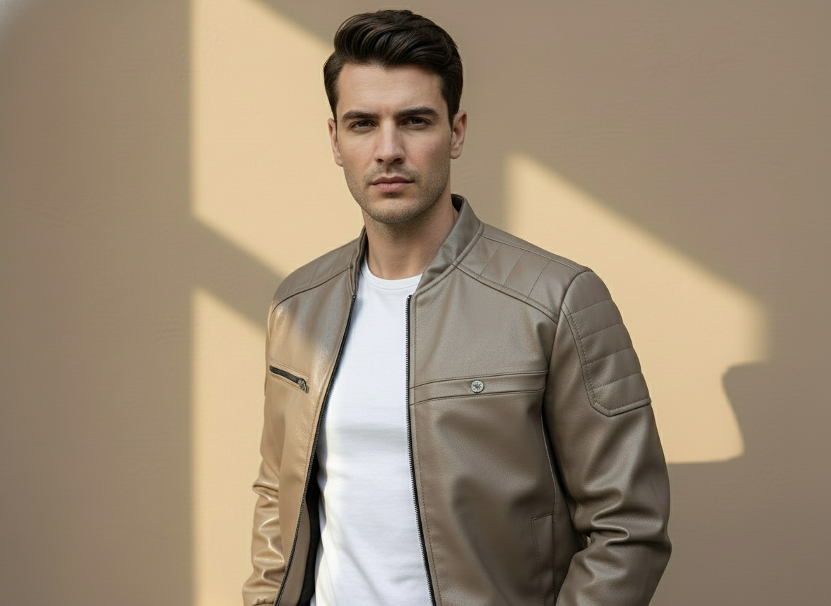 Fashion photo with enhanced shiny leather jacket