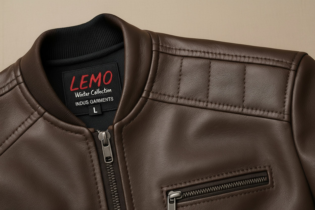 Medium brown leather jacket collar with LEMO label