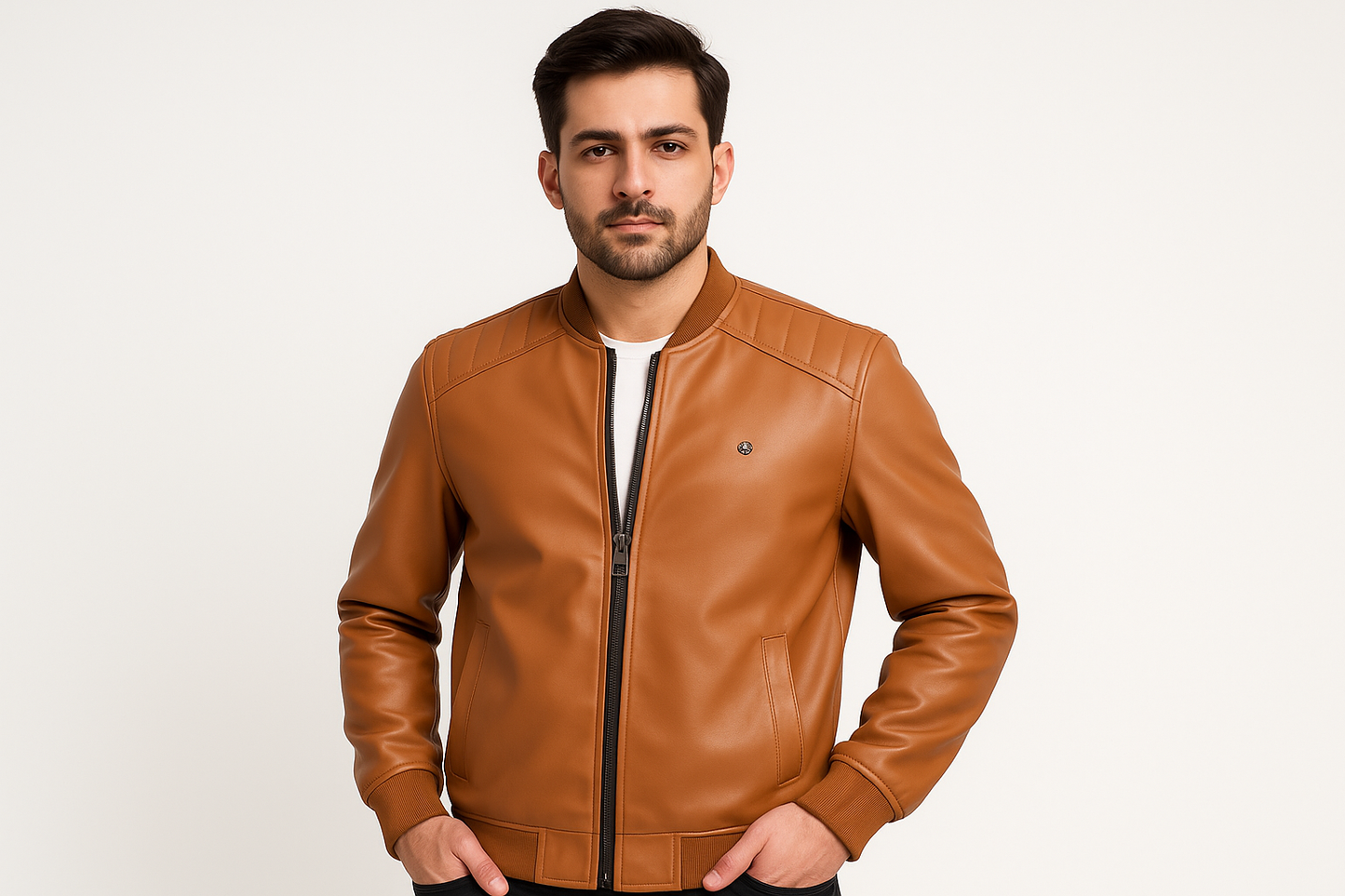 Pakistani Model in Tan Rexine Jacket with Small Buckle Detail