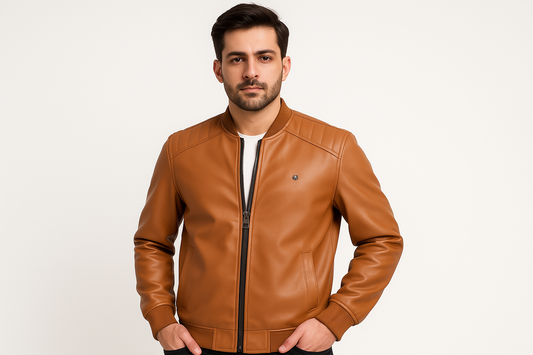 Pakistani Model in Tan Rexine Jacket with Small Buckle Detail
